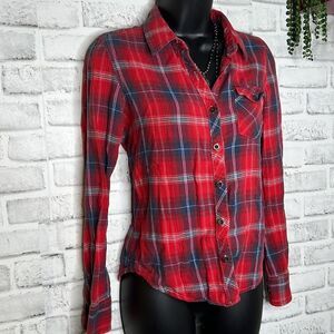 Check & Stripe Red Plaid Flannel Button Down Shirt Camping Fishing Size Small